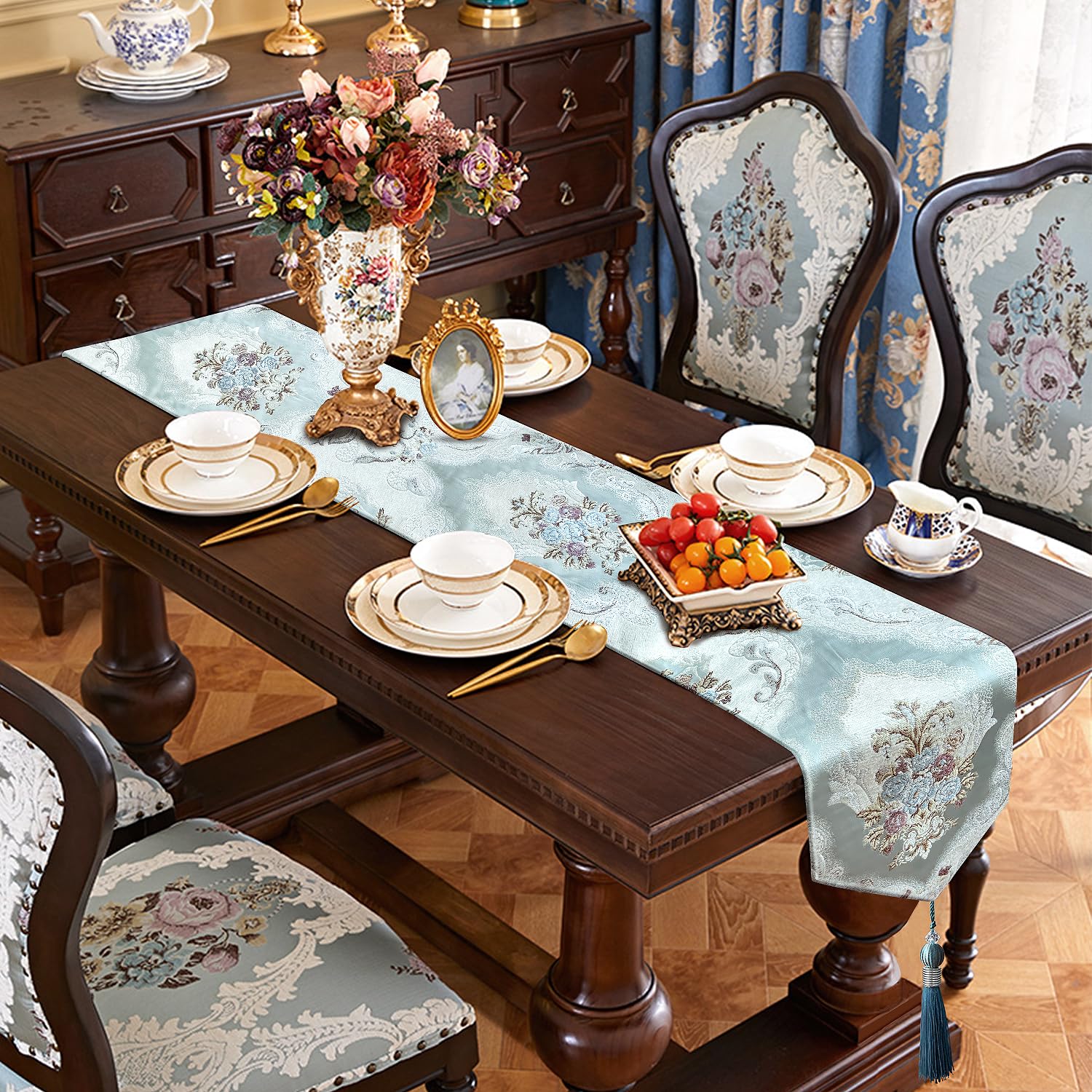 HeMiaor Luxurious Table Runners 98 inches Chenille Jacquard Fabric with Exquisite Hanging Ear Tassels Decoration for Wedding Decor Light Blue