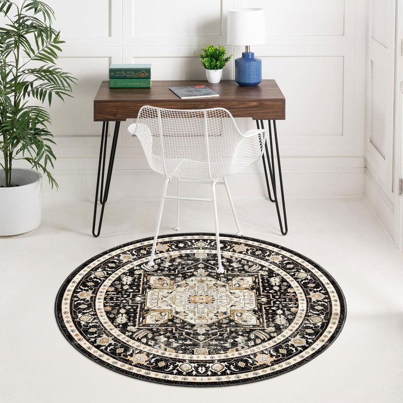 MUJOO Circle Rug 4ft,Black Round Area Rug Washable,Boho Circular Rugs for Bedroom Entryway Bathroom Living Room,Small Non Slip Throw Carpet Vintage Soft Black and Gold Floral