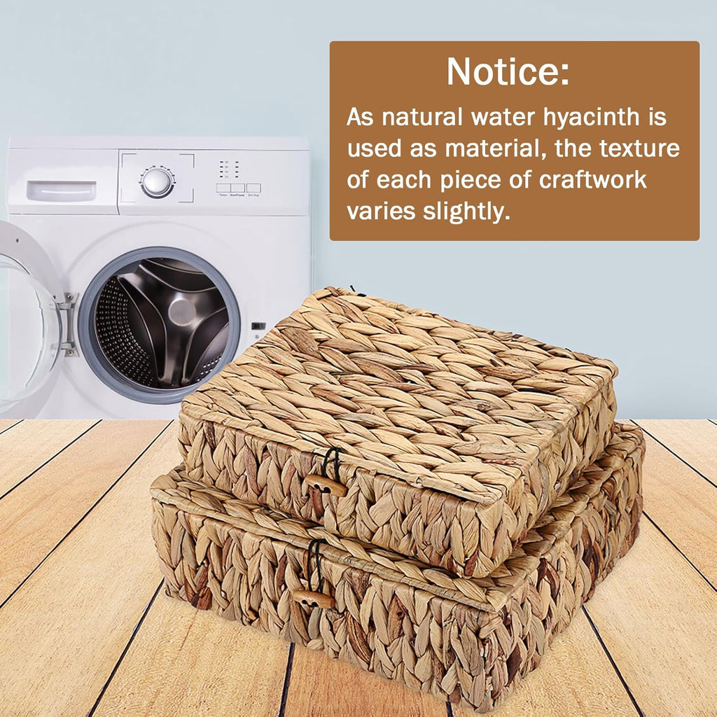 Regine Switzerland Handwoven Shelf Basket Set - Natural Water Hyacinth Bins with Lids for Stylish Home Organization