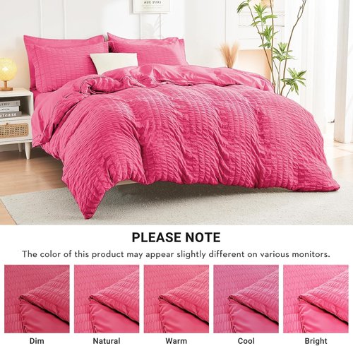 HYMOKEGE King Size Comforter Set - Hot Pink Seersucker 7-Piece Luxury Bedding Set | All-Season Comforter, Sheets & Pillowcases