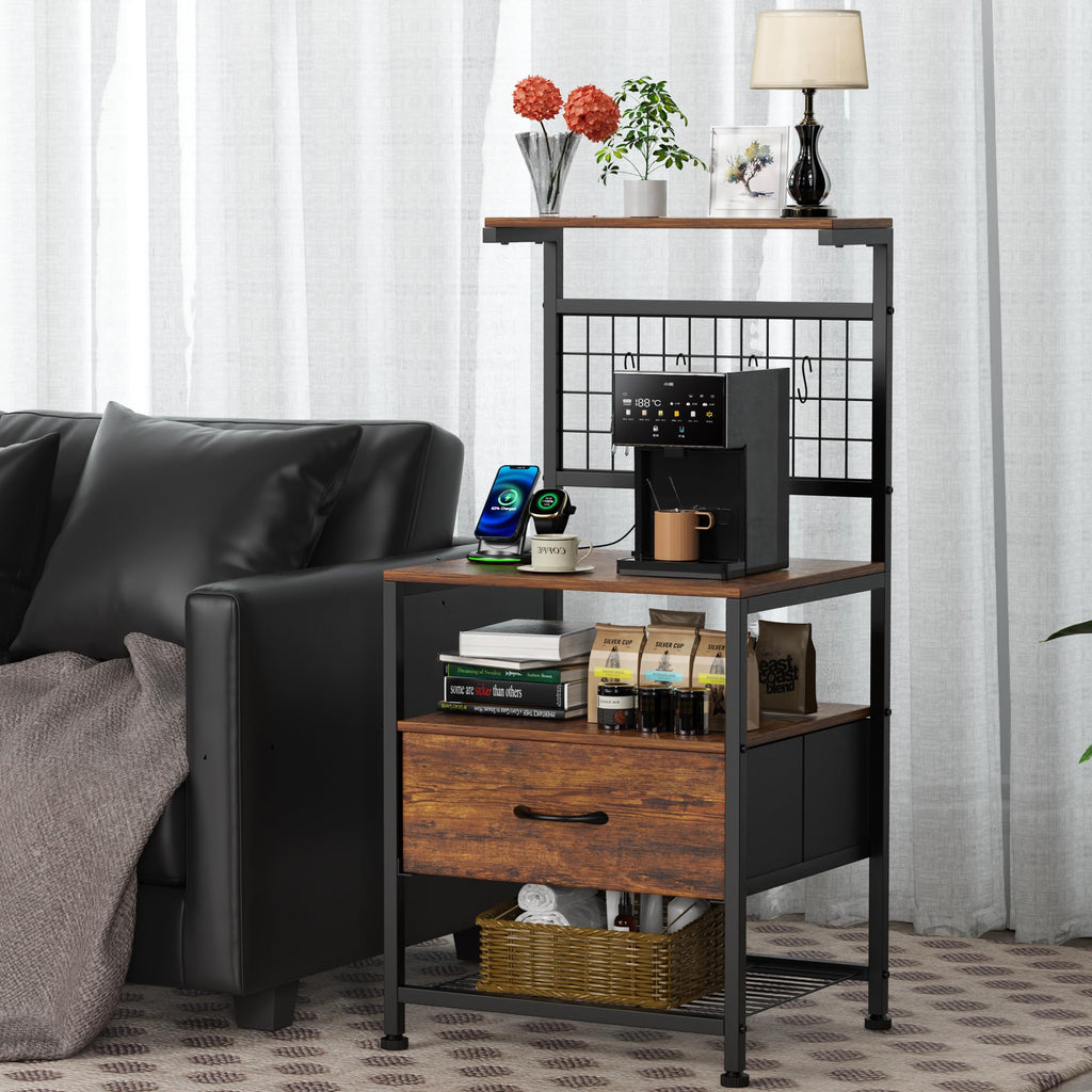 Aetheris Night Stand with Charging Station and LED Lights, End Table with Drawers and Storage Shelves, NightStand with Storage Shelf & Hooks, Night Stand for Bedroom, Rustic Brown