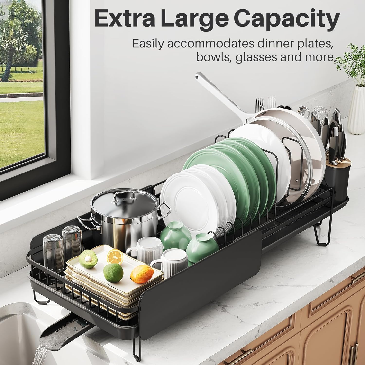 SNTD Large Dish Drying Rack - Expandable Stainless Steel Kitchen Dish Drainer (19.3" to 29.4", Black)