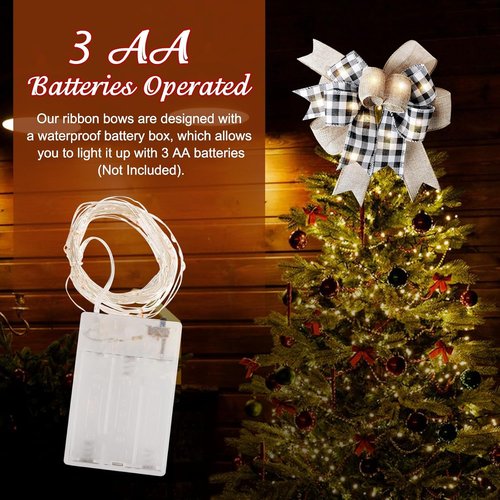 Buffalo Plaid LED Christmas Wreath Bow by [Brand Name] - Rustic Black & White Burlap Design (9.5 x 13 Inch)