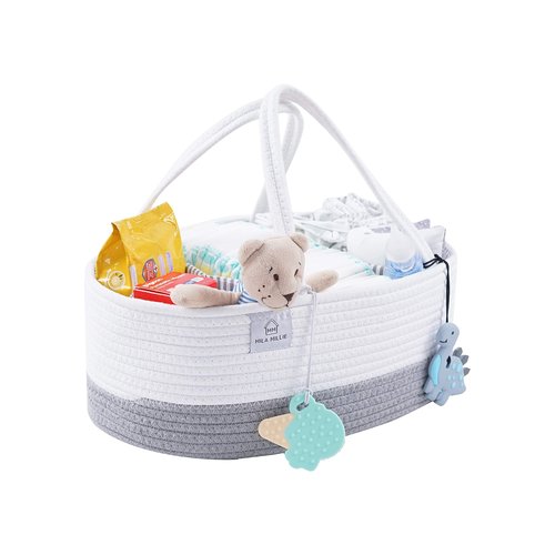 Mila Millie XXL Extra Large Cotton Rope Diaper Caddy, Storage Bin for Nursery Essentials, 100% Natural Cotton Eco-Friendly, Organizer with Removable Divider (White & Gray)