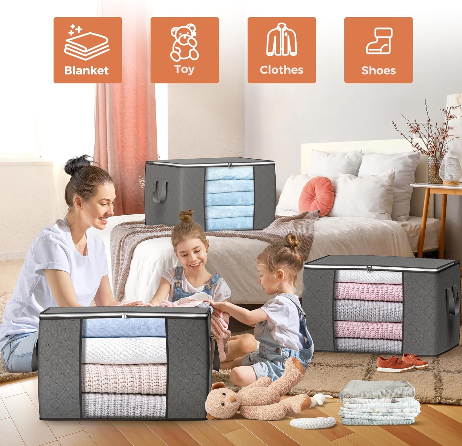 Skiennix 90L Large Storage Bags - 6 Pack Foldable Closet Organizers with Reinforced Handles | Gray