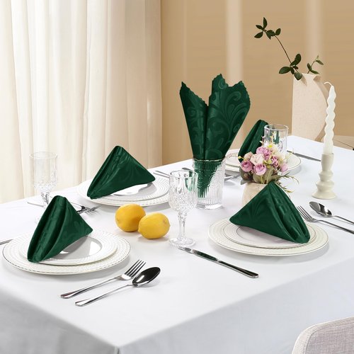 Aormenzy 50 Pack Hunter Green Satin Napkins 17 x 17 Inches Cloth Napkins Jacquard Satin Napkins Scalloped Silky Napkins Square Brocade Napkins for Wedding,Banquet,Party Decoration, JX202401310010
