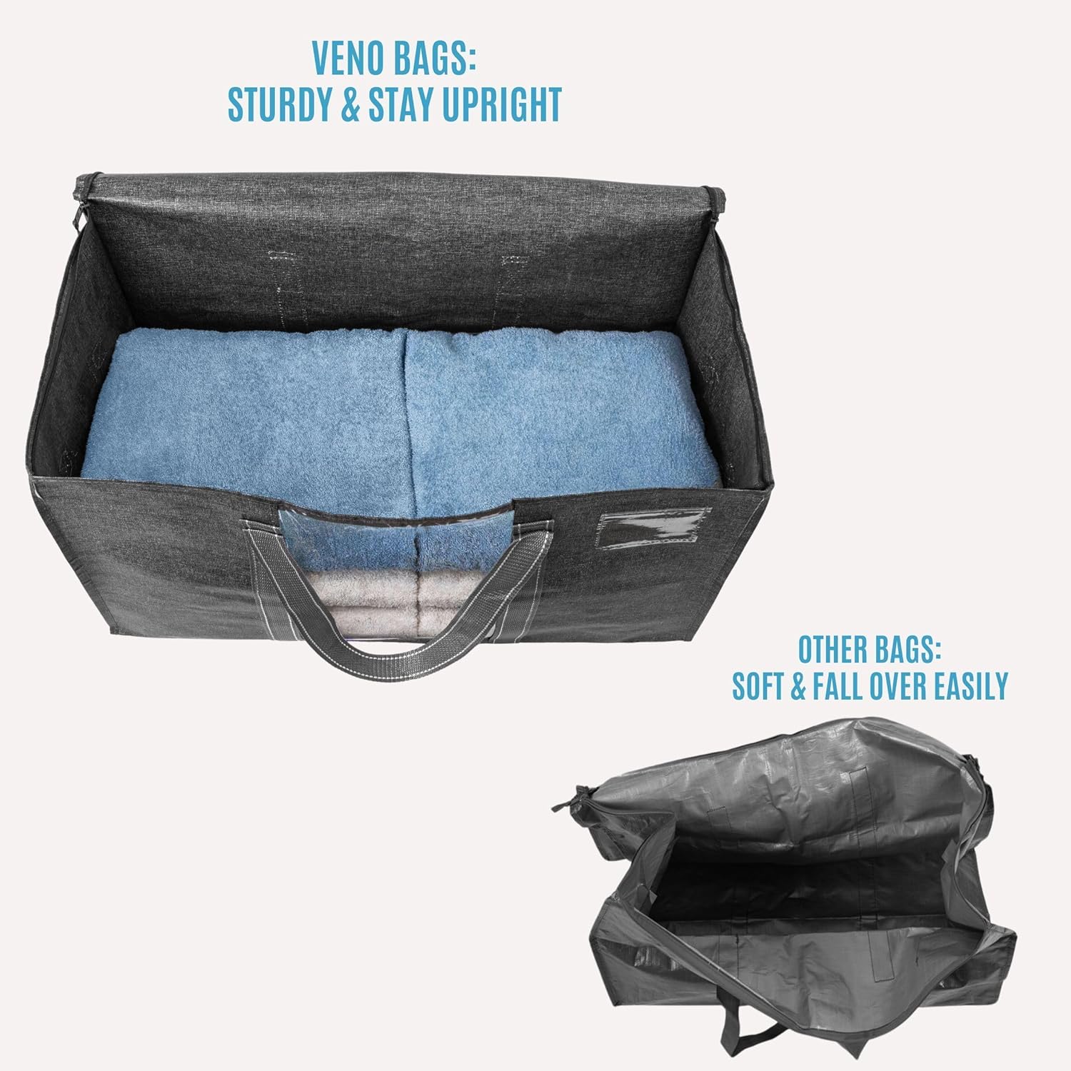VENO Moving Bags - Heavy Duty Storage Bins with Clear Window & Zippers | Extra Large Totes for College Dorm Clothes (Dark Gray)