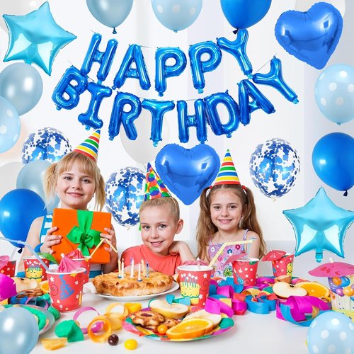 Blue Birthday Decorations by [Brand Name] - Happy Birthday Balloons & Polka Dot Confetti | Perfect for Boys' Parties