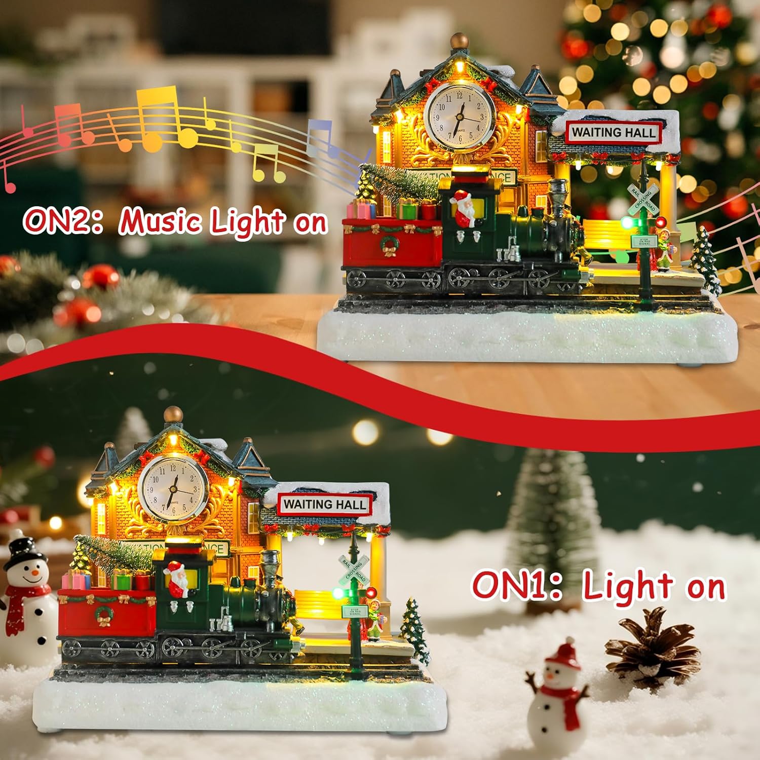 VCUTEKA Lighted Animated Christmas Village Train Station | Musical Santa Decor for Holiday Display