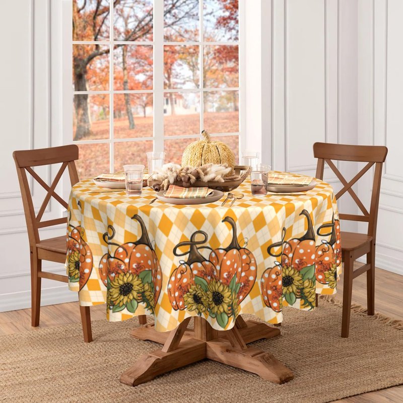 Dynamara Fall Round Tablecloth 60 Inch Autumn Pumpkin Table Cloth Waterproof Wipeable Table Cover for Thanksgiving Party Picnic Kitchen Home Decoration