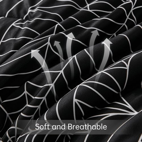 Luxudecor Halloween Comforter Set Queen Size 7 Pieces Bed in a Bag, Spider Cobweb Pattern Print on Black Bed Set, Black Halloween Themes Comforter with Sheet Set 90"x90"