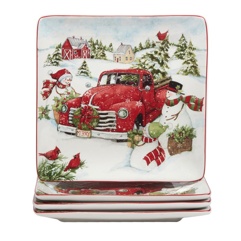 Red Truck Snowman Set of 4 Ceramic Dinner Plates – Add classic holiday charm to your table with these beautifully detailed plates featuring vintage red trucks and cheerful snowmen 10.25"
