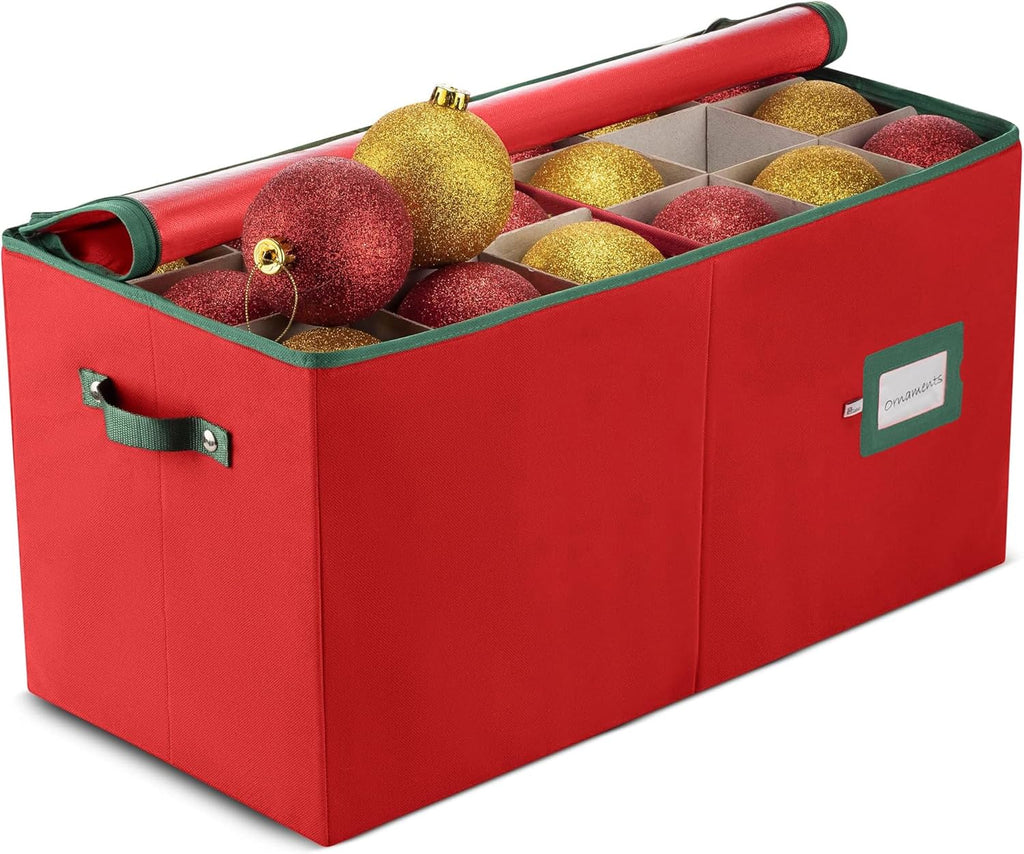 ZOBER Large Christmas Ornament Storage Box - Organizes 54 4" Ornaments with Dividers - Durable Red Container
