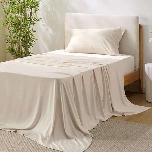 Bedsure Cooling Sheets - Twin XL Bamboo Rayon | Breathable, Soft & Deep Pocket Up to 16" - Light Beige