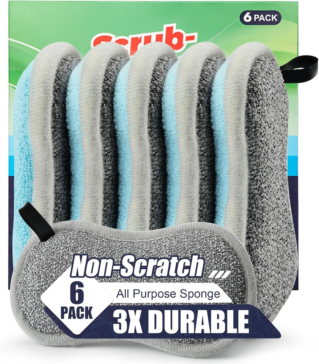 Skiennix Dual-Sided All-Purpose Kitchen Sponges - Non-Scratch Microfiber Dish Cleaning Set (Blue, 6 Pack)