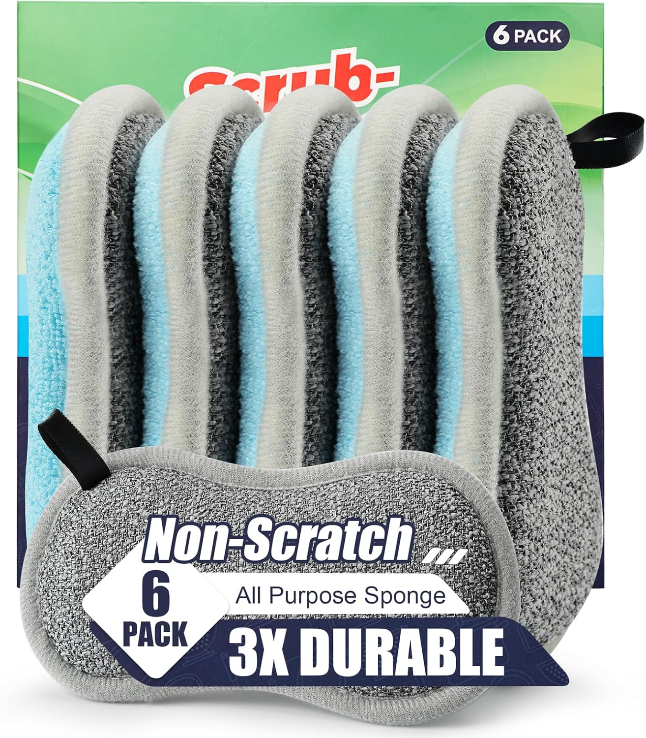 Skiennix Dual-Sided All-Purpose Kitchen Sponges - Non-Scratch Microfiber Dish Cleaning Set (Blue, 6 Pack)