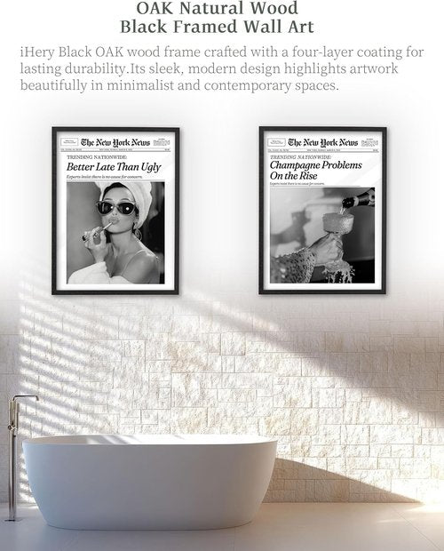 iHery Premium Natural Black Oak Wood Wall Art - Trendy Champagne Problems Newspaper Canvas | 16x20in Framed Decor for Dorm & Living Room