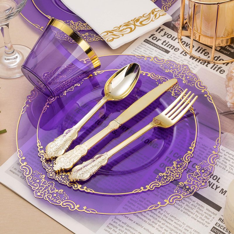 Bestluck 175PCS Clear Purple Plastic Plates for 25 Guests, Disposable Plates with Gold Trim include 25 Dinner Plates, 25 Dessert Plates, 75 Gold Silverware, 25 Cups, 25 Napkins for Party, Wedding