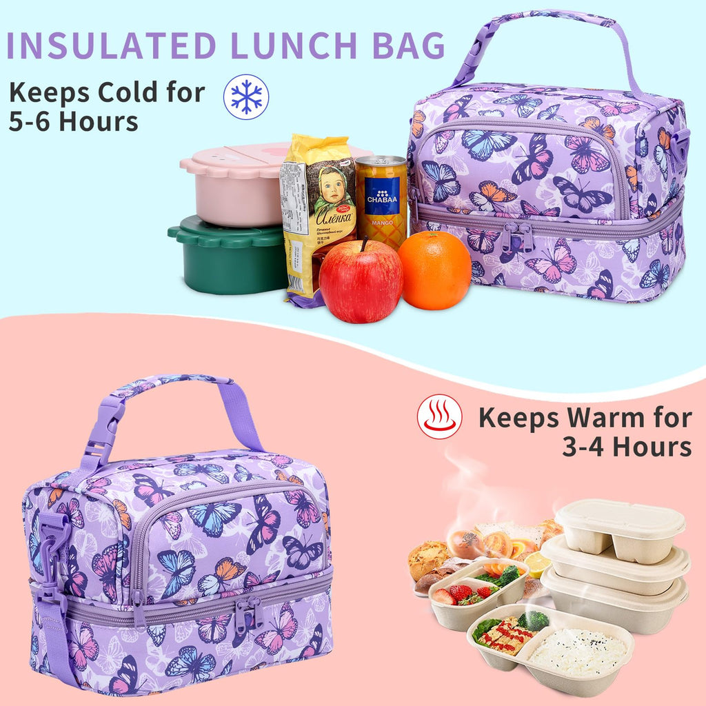 Chase Chic Lunch Bag for Girls, Insulated Reusable Large Cute Dual Lunch Bag Box Container for Kids Toddler School Daycare Purple Butterfly