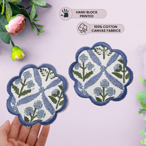 Ridhi Hand Block Print 8- pcs Canvas Cotton Drink Absorbent Stylish Embroidery Scallop Coaster Set Boho Modern Home Decor and Wooden Table Protection 5 inch Light Steel Blue