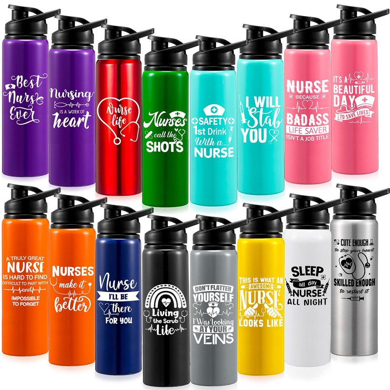 Uiifan 16 Pcs Nurse Appreciation Gift Nurse Tumblers Bulk Aluminum Water Bottle CNA Week Gifts Cups Medical Assistant Appreciation School Practitioner Thank You Gifts for Women Team