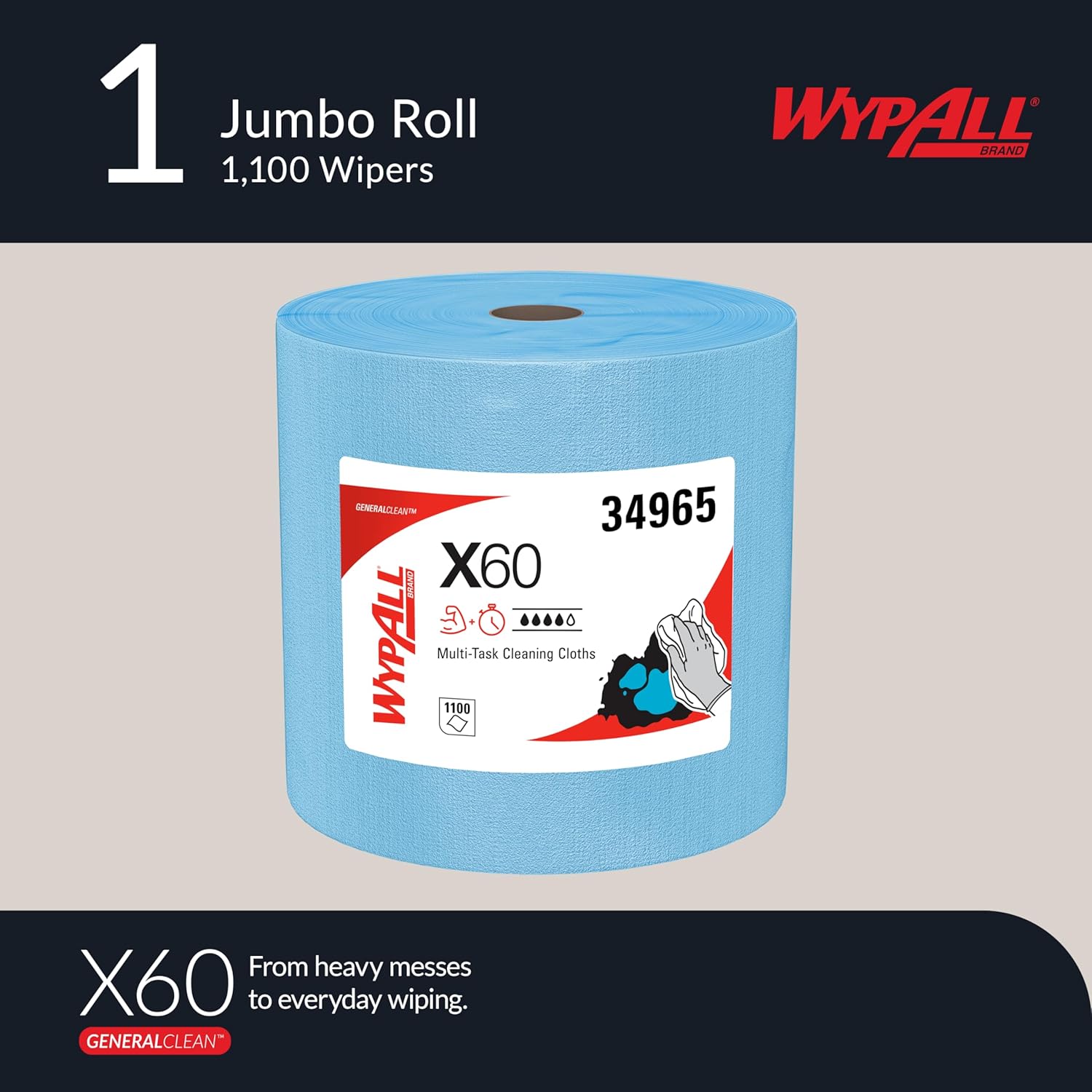 WypAll GeneralClean X60 Cleaning Wipes - Strong & Absorbent Multi-Task Towels, Jumbo Blue Roll (1,100 Sheets)
