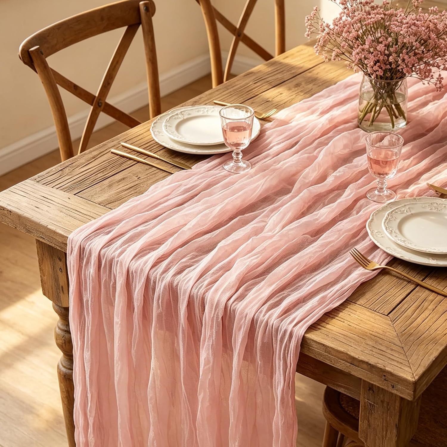 Skiennix Pink Cheesecloth Table Runner - 10FT Dusty Pink Boho Gauze for Spring & Events