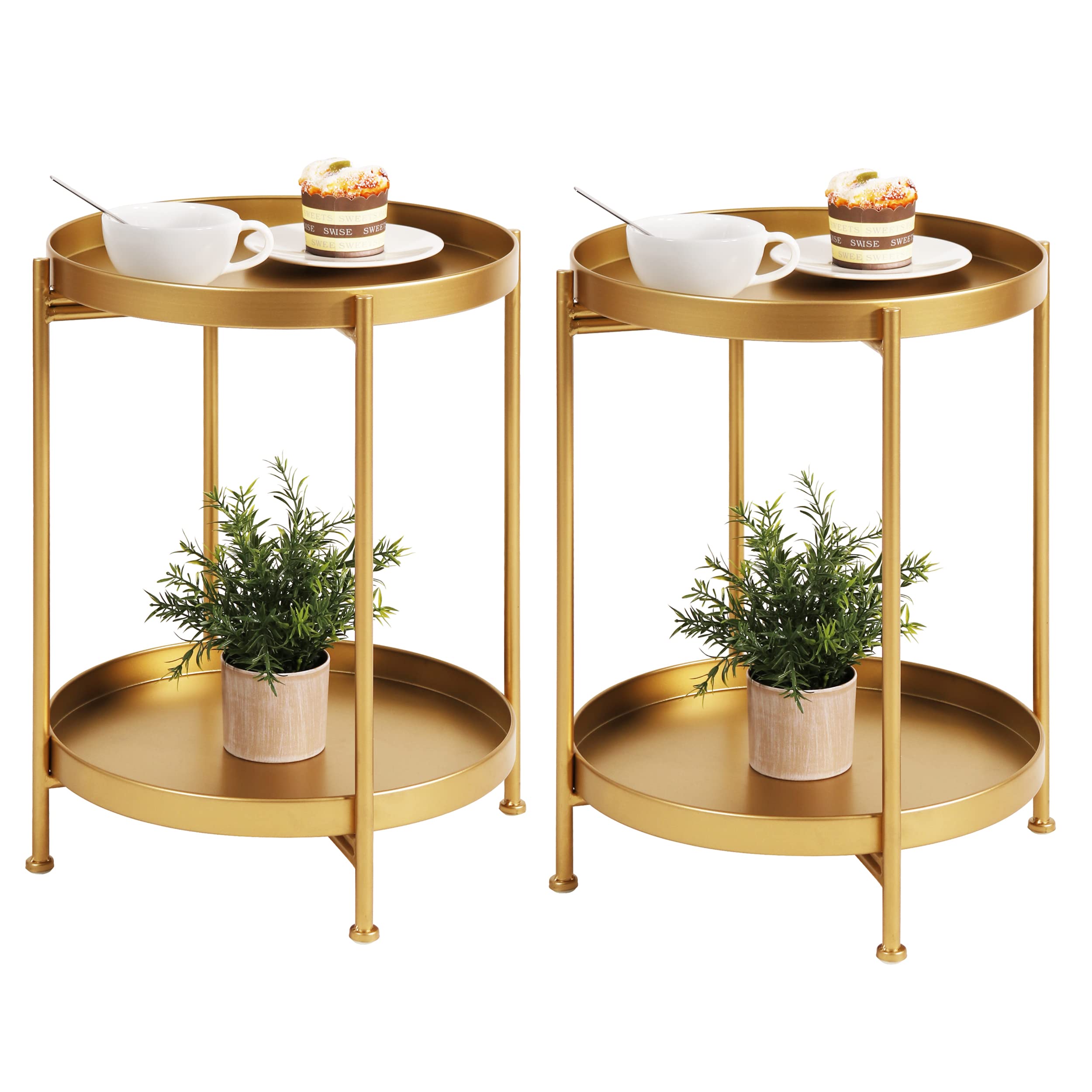 Tiita 2 Pack Round End Table Mental Side Table Nightstand/Small Wood Tables Accent Coffee Table with Wooden Tray for Living Room Bedroom Office Small Space