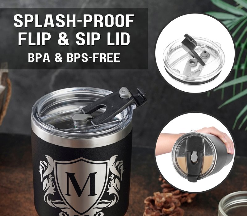 Onebttl Personalized Gifts for Men with Initials, Monogrammed Travel Tumbler for Him, Custom Coffee Cups, Unique Birthday Christmas Gifts for Men who Have Everything, Black, 30oz, E