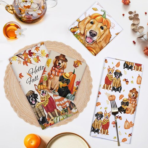 Arquiel 4 Pcs Fall Dogs Kitchen Towel, 100% Cotton Thanksgiving Maple Leaf Dish Towel 27.5"x18.8", Housewarming Gifts Holiday Decorative Tea Towels for Dining Home