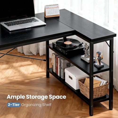 DUMOS L-Shaped Desk - 47 Inch Computer Desk with Reversible Storage Shelves - Modern Black for Home Office & Gaming