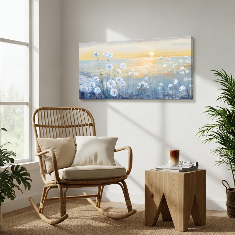 Blue Ocean Sunset Canvas Wall Art for Living Room Abstract Seascape Painting Coastal Beach Wildflowers Picture Natural Sea Landscape Print Sunrise With Yellow Orange Sky Seaside Artwork 20x40inch