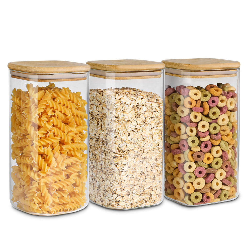 ComSaf Airtight Glass Storage Canister with Wood Lid (1.6 Qt), Clear Food Storage Container Jar with Sealing Lids for Oat Pasta Flour Cereal Rice Sugar Tea Coffee Beans, Set of 3 Square Cookie Jar