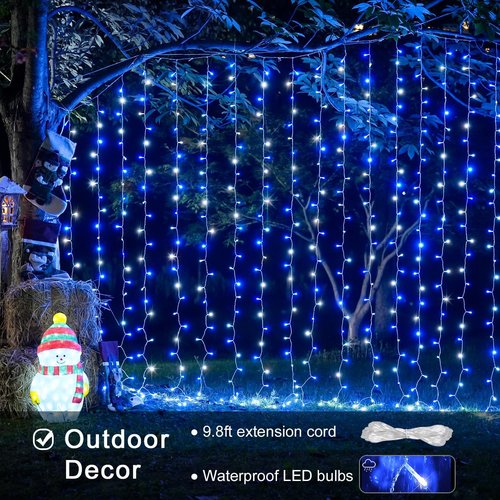 JMEXSUSS 300LED Christmas Curtain Lights - Remote-Controlled Blue & White Fairy Lights | 9.8x9.8ft Indoor/Outdoor Decor