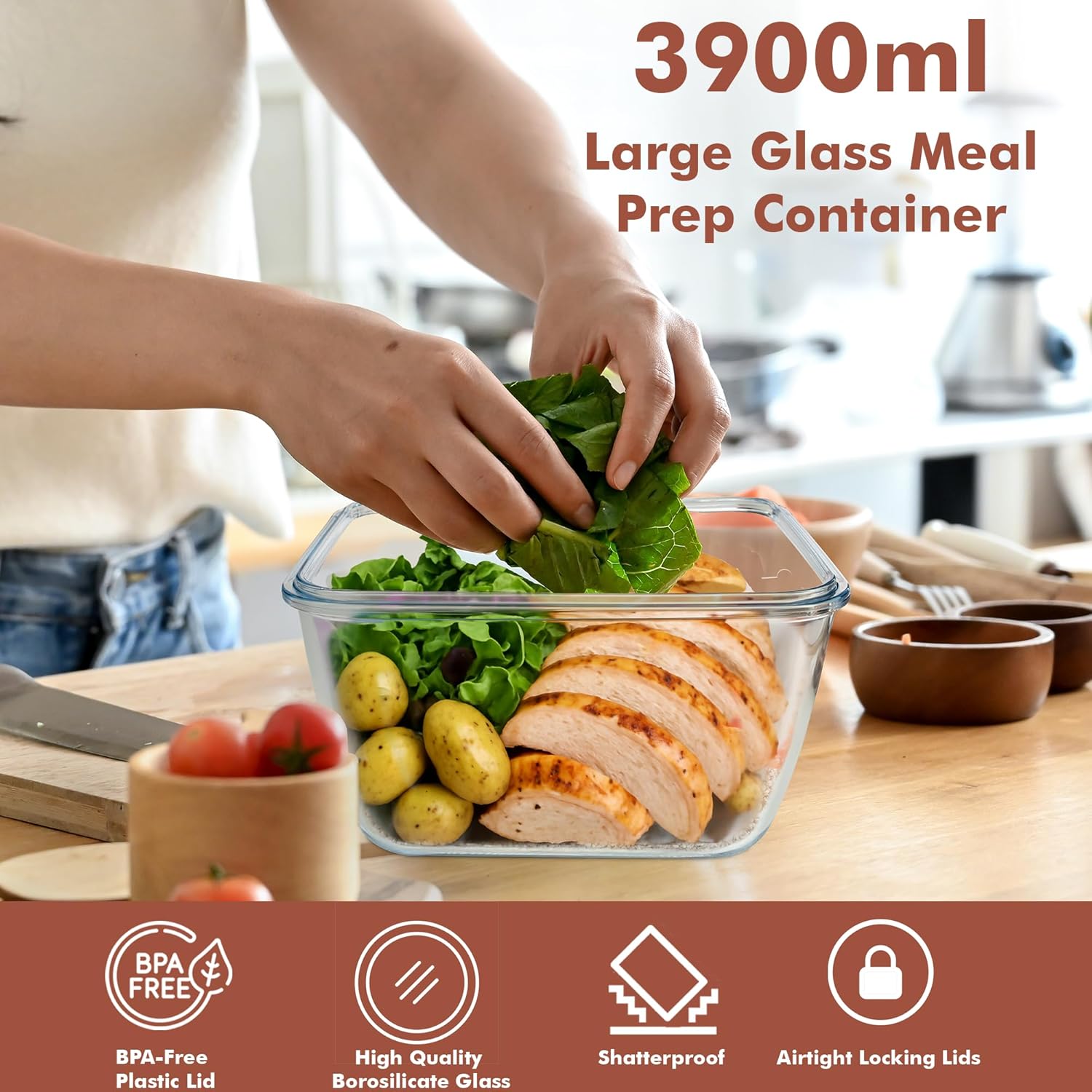 Razab Large Glass Food Storage Containers - 17 Cups | 132 Oz | Leakproof & BPA-Free for Meal Prep