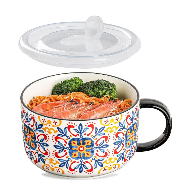 Chubacoo Jumbo Soup Bowl with Lid: 38 oz Ceramic Soup Mug with Big Handle for Ramen Cereal Breakfast Meal Prep Office Lunch Dorm Living - Microwave Safe Extra Large Food Container - Pattern C