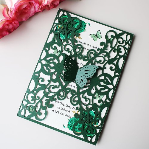 KUCHYNEE 50PCS Emerald Green Laser Cut Quinceanera Invitations kit, 5.1 x7.3 Inch Hollow Floral Butterfly Pocket Invitation for Quincenera Wedding Invite (Blank)