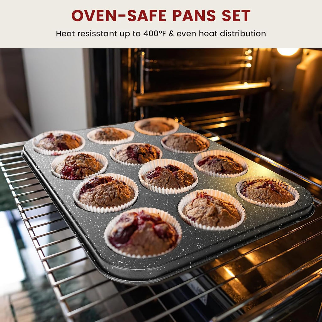 Terlulu 10-Piece Nonstick Baking Pans Set - Versatile Bakeware for Oven Cooking | Stackable Carbon Steel in Black