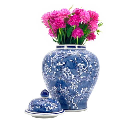Galt International Blue & White Floral Crane Chinoiserie Jar 12" w/Lid - Ginger Jar, Tea Storage, Decorative, Home Decor Jar