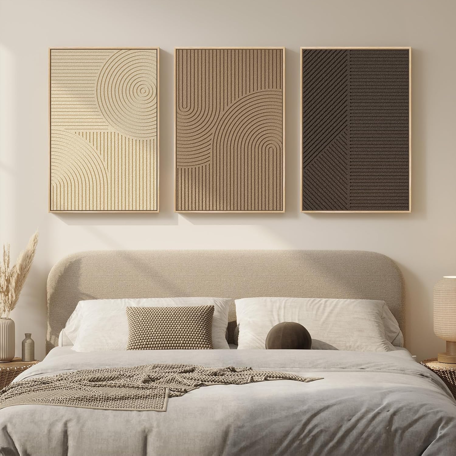 Skiennix Large 3D Textured Boho Wall Art - Modern Minimalist 3-Piece Set in Brown Beige Tan | 20x30 In
