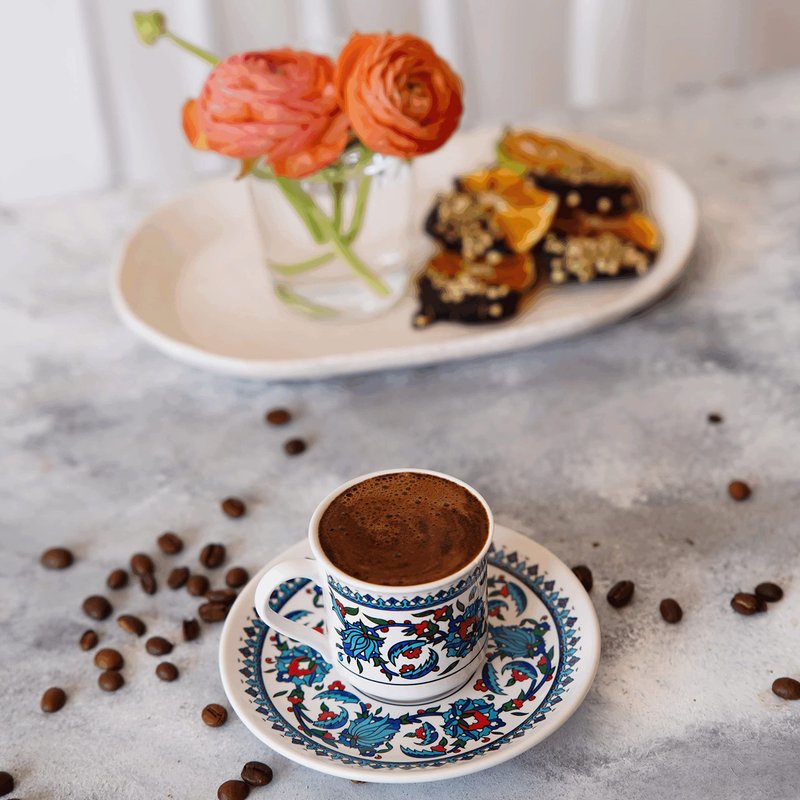 SANTA MARLA Turkish Coffee Cup Set of 6 with Saucers & Holder – Ceramic, Dishwasher-Safe, Keeps Warm – Patterned Turkish Espresso Cups Set for Home & Office (Set Of 6)
