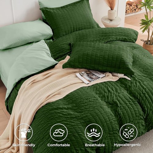 HYMOKEGE Full Size Comforter Set - Luxury 7-Piece Seersucker Bedding in Dark Green/Sage Green