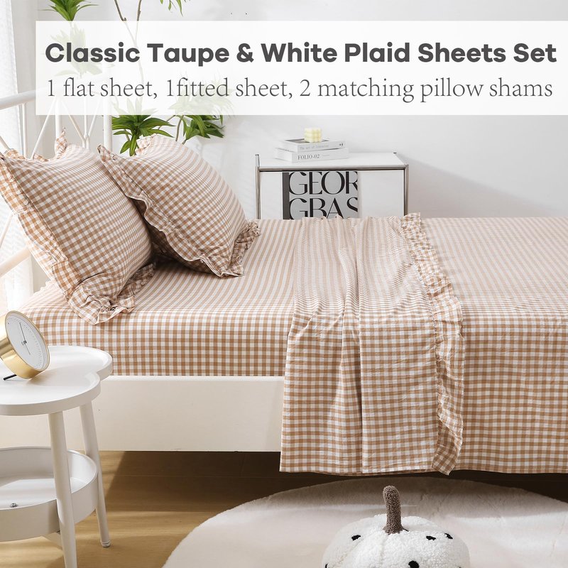 K MASANIJI Taupe White Plaid Ruffle Sheets Queen Size 4-Piece Set, 300TC 100% Yarn Dyed Washed Cotton Checker Sheets 18'' Deep Pocket Farmhouse Gingham Decorative Bedding（Taupe/White Plaid, Queen）