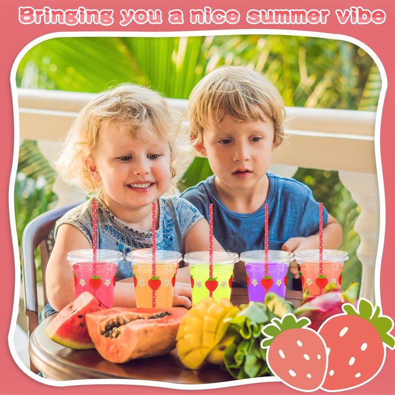 Blushtier 100 Set 12 oz Strawberry Disposable Plastic Cups with Lids and Straws Clear Strawberry Cups for Juice Water Coffee Tea Birthday Summer Fruit Party Supplies (Red)