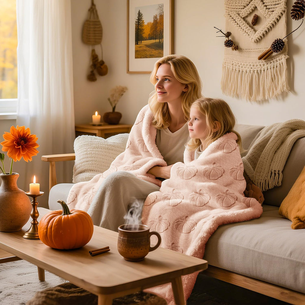 Lanpn Fall Fur Throw Blanket, 530GSM Sherpa Fleece Throws for Couch Sofa, Soft Fluffy 3D Pumpkin Blankets, Autumn Plush Cozy Blanket, Thanksgiving Home Bed Living Room Decor Gift, 50x60, Beige