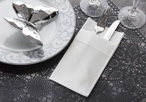 UKEENOR Disposable Dinner Napkins Cloth Like with Built-in Flatware Pocket,Wedding Party Linen Feel White Napkin, Prefolded for Silverware,15.74"x15.74" Pack of 50