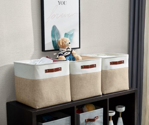 DECOMOMO Storage Cubes - 11x11 Cube Storage Bins | Beige & White, 4 Pack for Organized Shelving