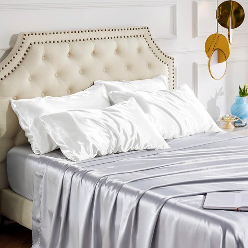 Bedsure Satin Pillowcase Set of 4 - Pure White Silky Pillow Covers for Hair & Skin | 20x26 Inches
