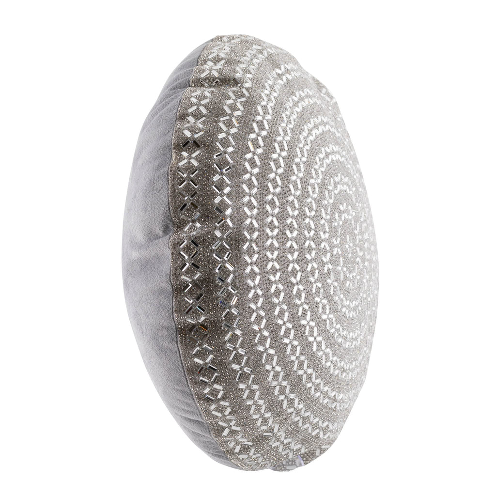 Madison Avenue Round Pillow, Sparkling Stones, Soft Velvet Backing, for Exquisite Home Decor, Silver, 15", Sold Individually