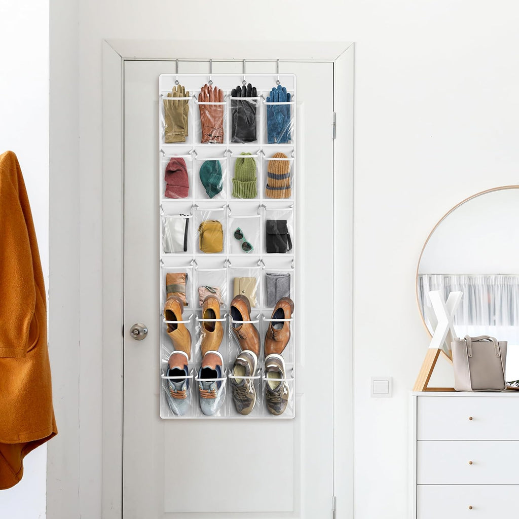 Simple Houseware Over The Door Hanging Shoe Organizer - 24 Clear Pockets, White (56" x 22.5")